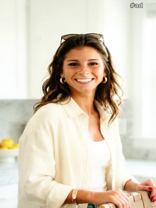 an oversized cream linen shirt over a white tank and denim, with oversized sunglasses pushed up into her hair