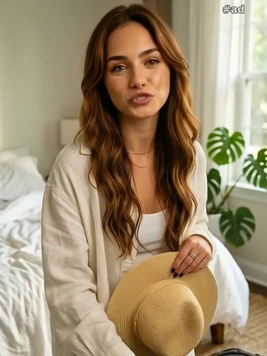 an oversized ivory linen shirt over a white tank and denim, with a straw sun hat in hand
