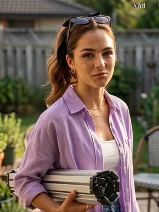 an oversized lavender linen shirt over a white tank and denim, with oversized sunglasses pushed up into her hair