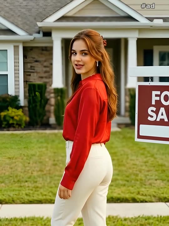 a bold red silk blouse tucked into tailored cream trousers