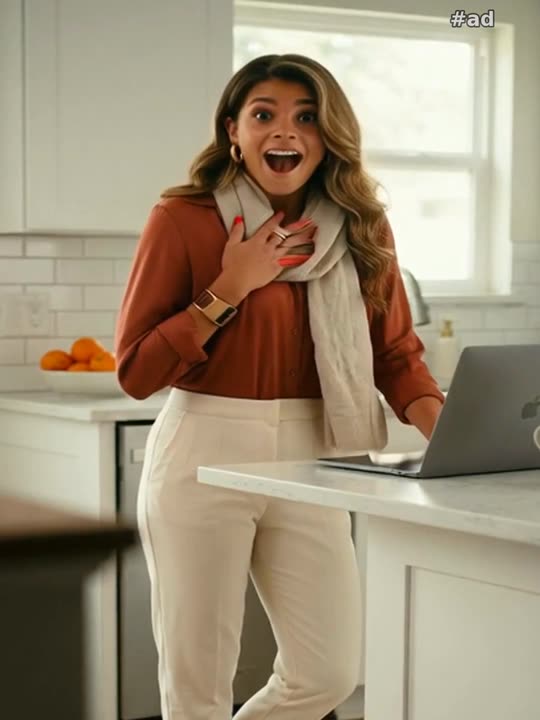 a terracotta-rust silk blouse tucked into tailored cream trousers, with a light linen scarf tied at the neck