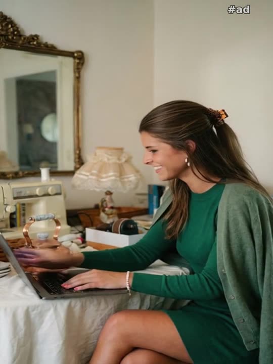 an emerald-green fine-knit sweater dress with long sleeves, with a soft knit cardigan draped over her shoulders